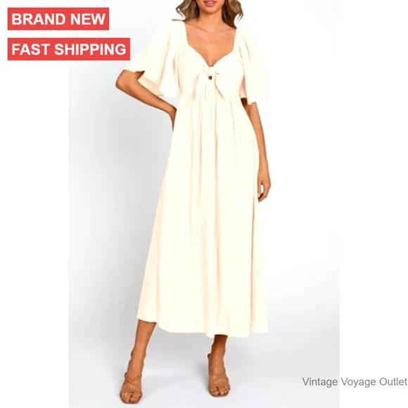 Summer Midi Dress V Neck Short Sleeve Ruffle Bow Tie Flowy Casual